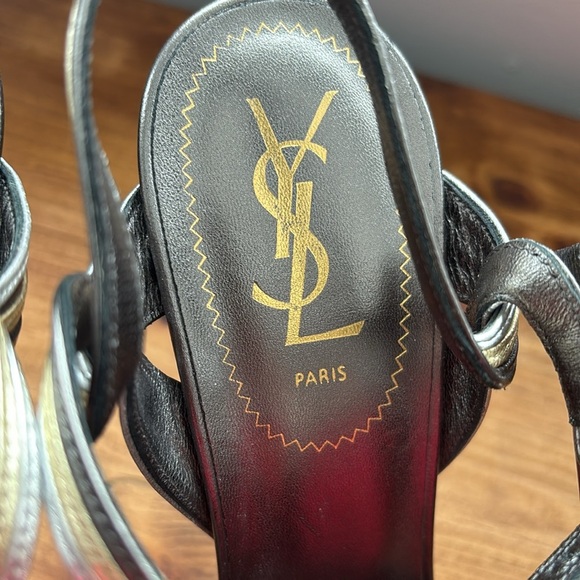 Yves Saint Laurent | Leather Metallic Silver and Gold Tribute Platform Sandals - Picture 8 of 15